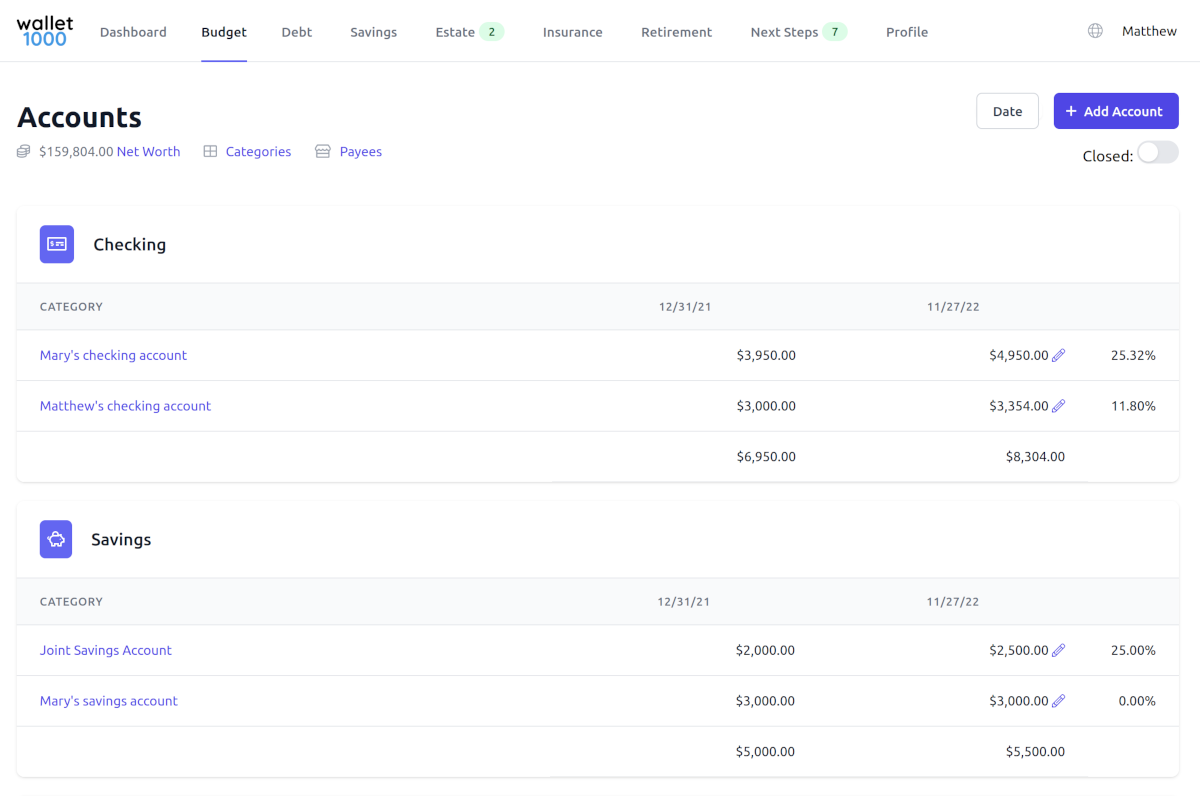 Wallet1000 accounts page